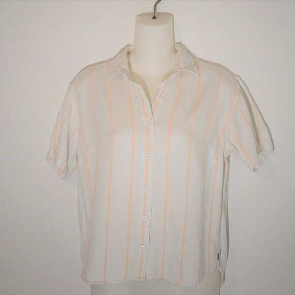 Obey Crop Shirt Sz XS Button Down Striped Relaxed Fit Minimalist Neutral Preppy - Picture 1 of 8